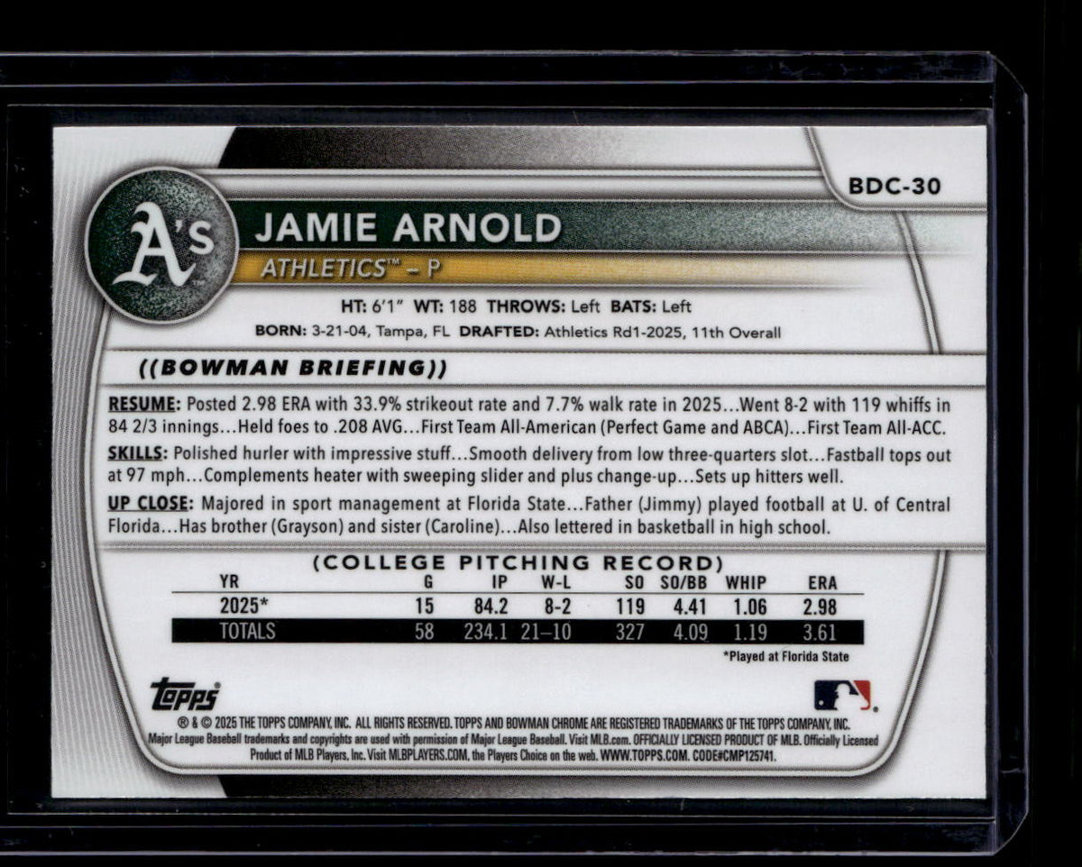 DELETE 181003 2025 Bowman Chrome Draft Etched in Glass Variations bdc30 Jamie Arnold Rookie