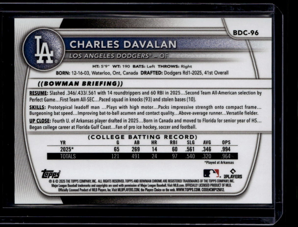 DELETE 181004 2025 Bowman Chrome Draft Sapphire Orange Refractor Charles Davalan Rookie 15/25