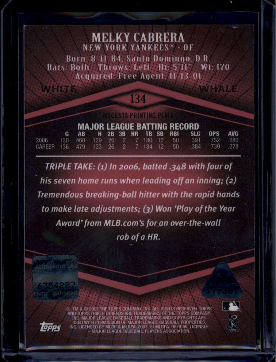 DELETE 181012 2007 Topps Triple Threads White Whale Printing Plate Melky Cabrera Bat Auto 1/1