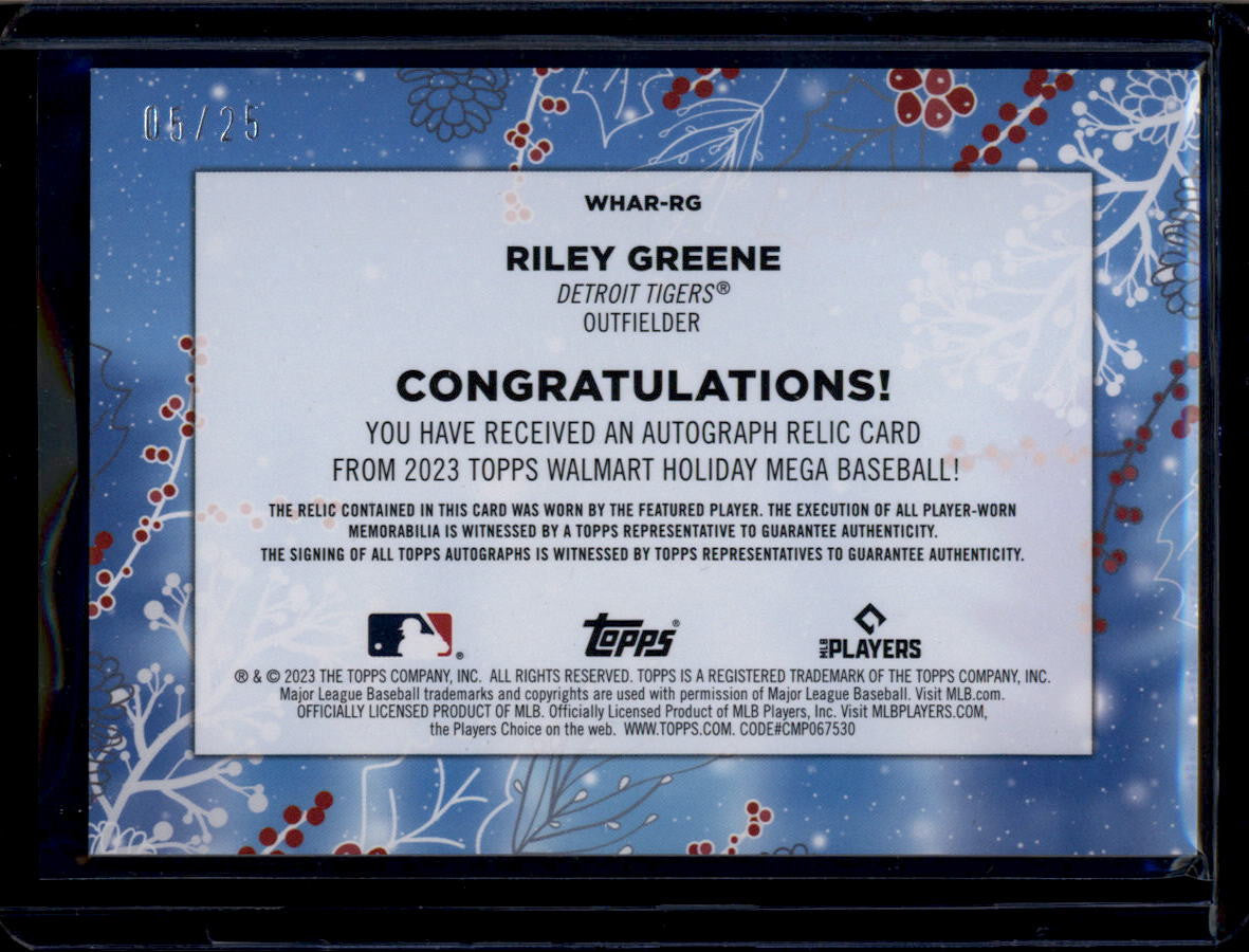 DELETE 181021 2023 Topps Holiday Autograph Relics WHAARG Riley Greene Rookie Jersey Auto 5/25
