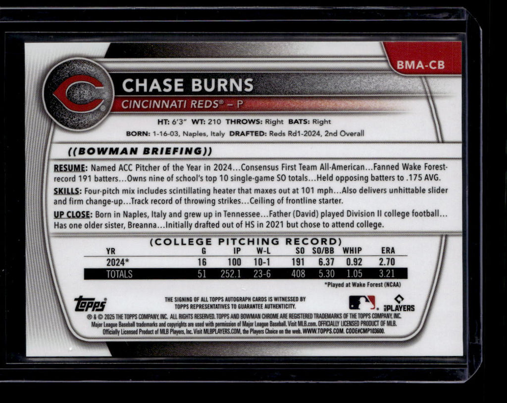 DELETE 181022 2025 Bowman Chrome Mega Box Prospect Autographs BMACB Chase Burns Rookie Auto