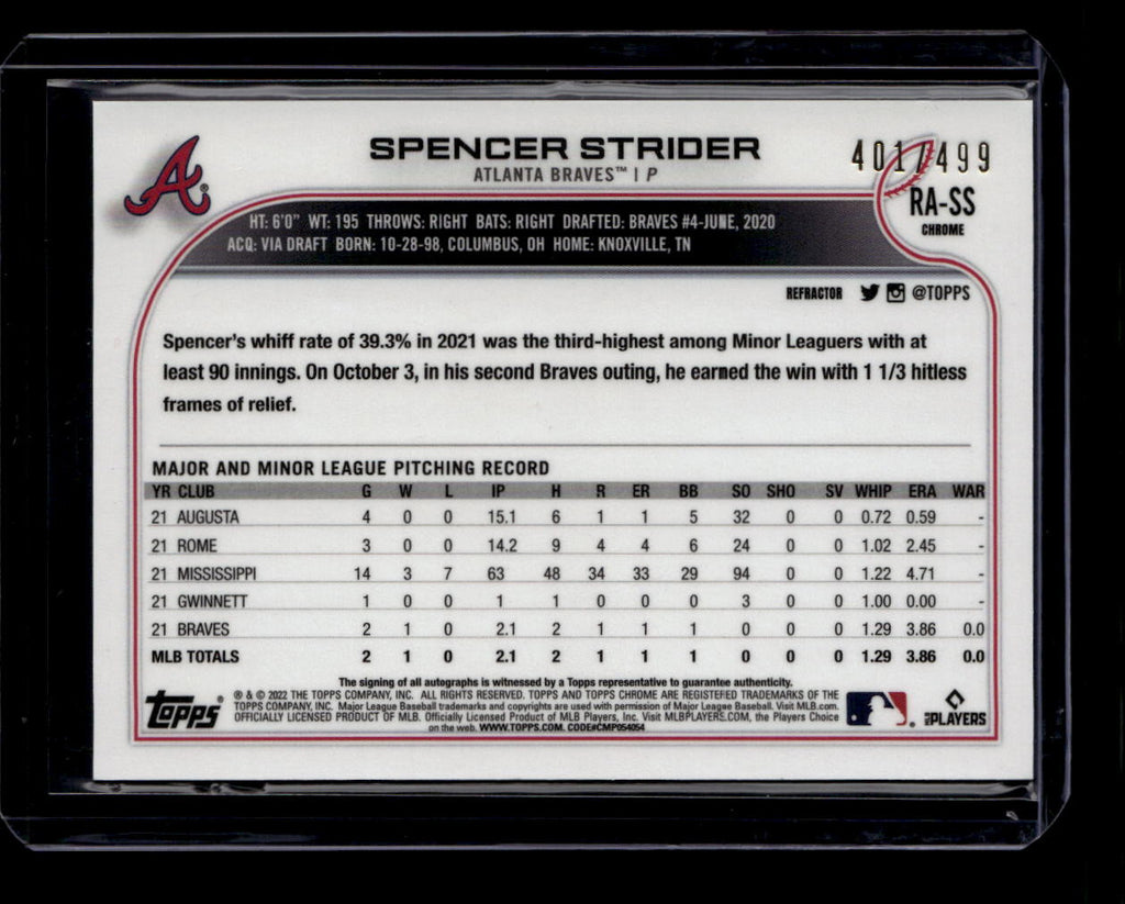 DELETE 181027 2022 Topps Chrome Rookie Autographs Refractor RASS Spencer Strider RC Auto /499
