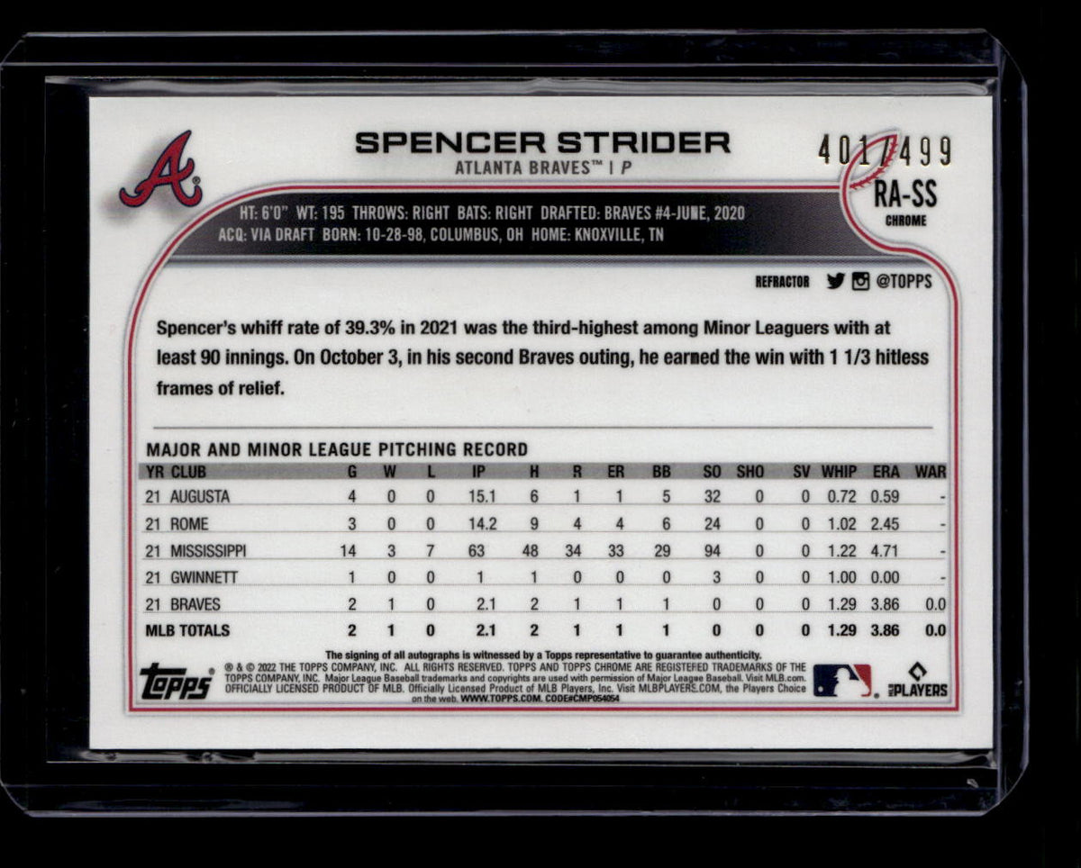DELETE 181027 2022 Topps Chrome Rookie Autographs Refractor RASS Spencer Strider RC Auto /499