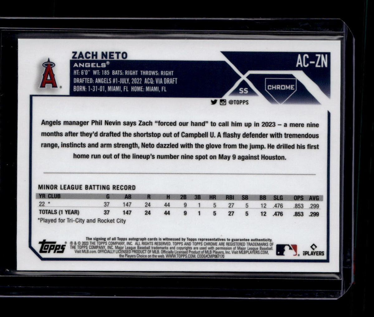 DELETE 181029 2023 Topps Chrome Update Autographs ACZN Zach Neto Rookie Auto