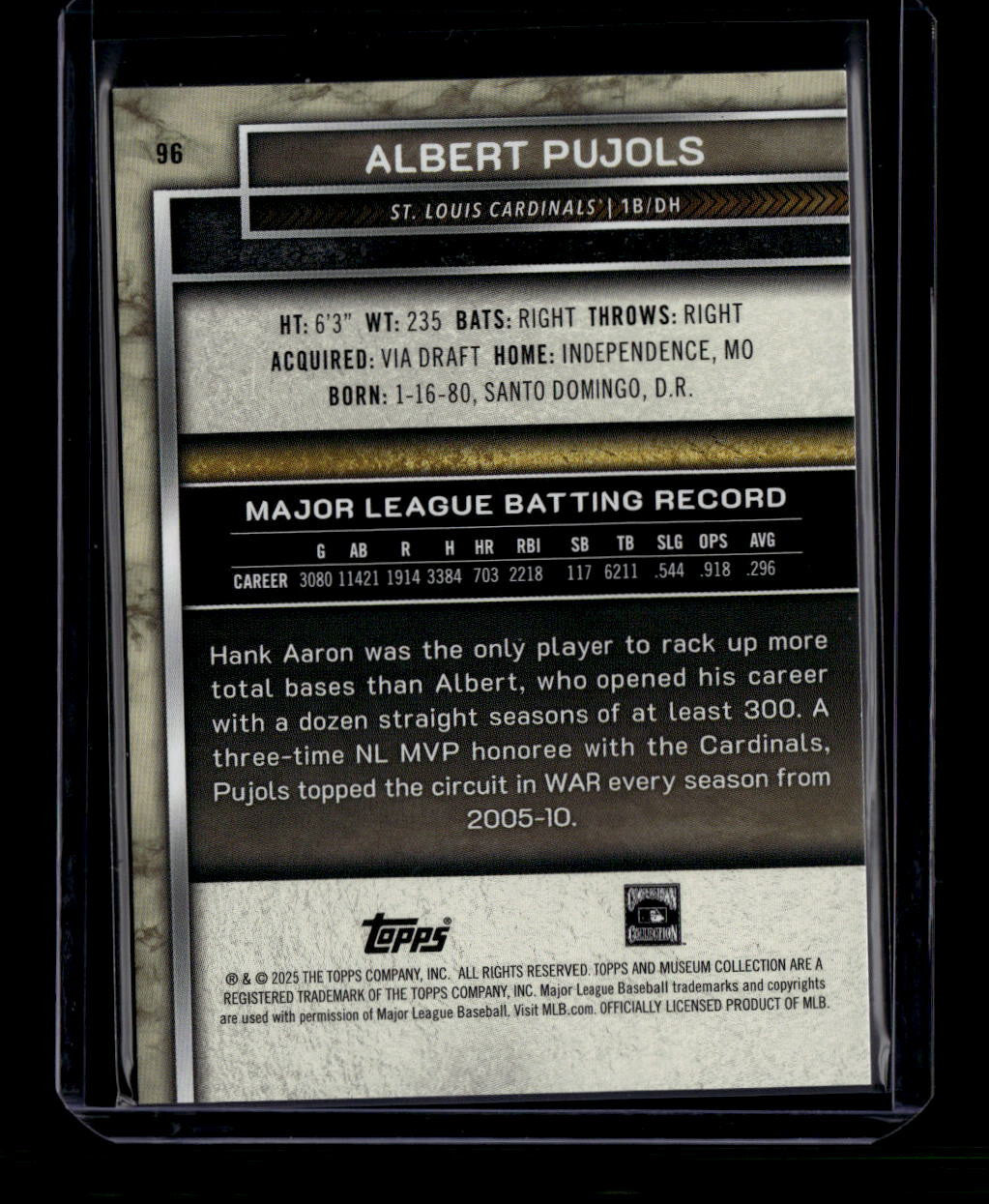 DELETE 181037 2025 Topps Museum Collection Black Diamond 96 Albert Pujols 1/10