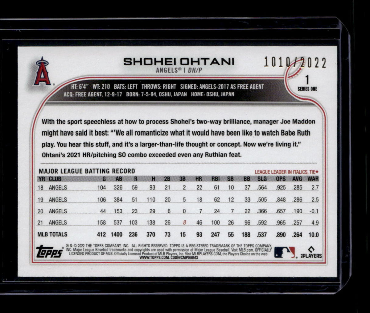 DELETE 181039 2022 Topps Gold 1 Shohei Ohtani 1010/2022