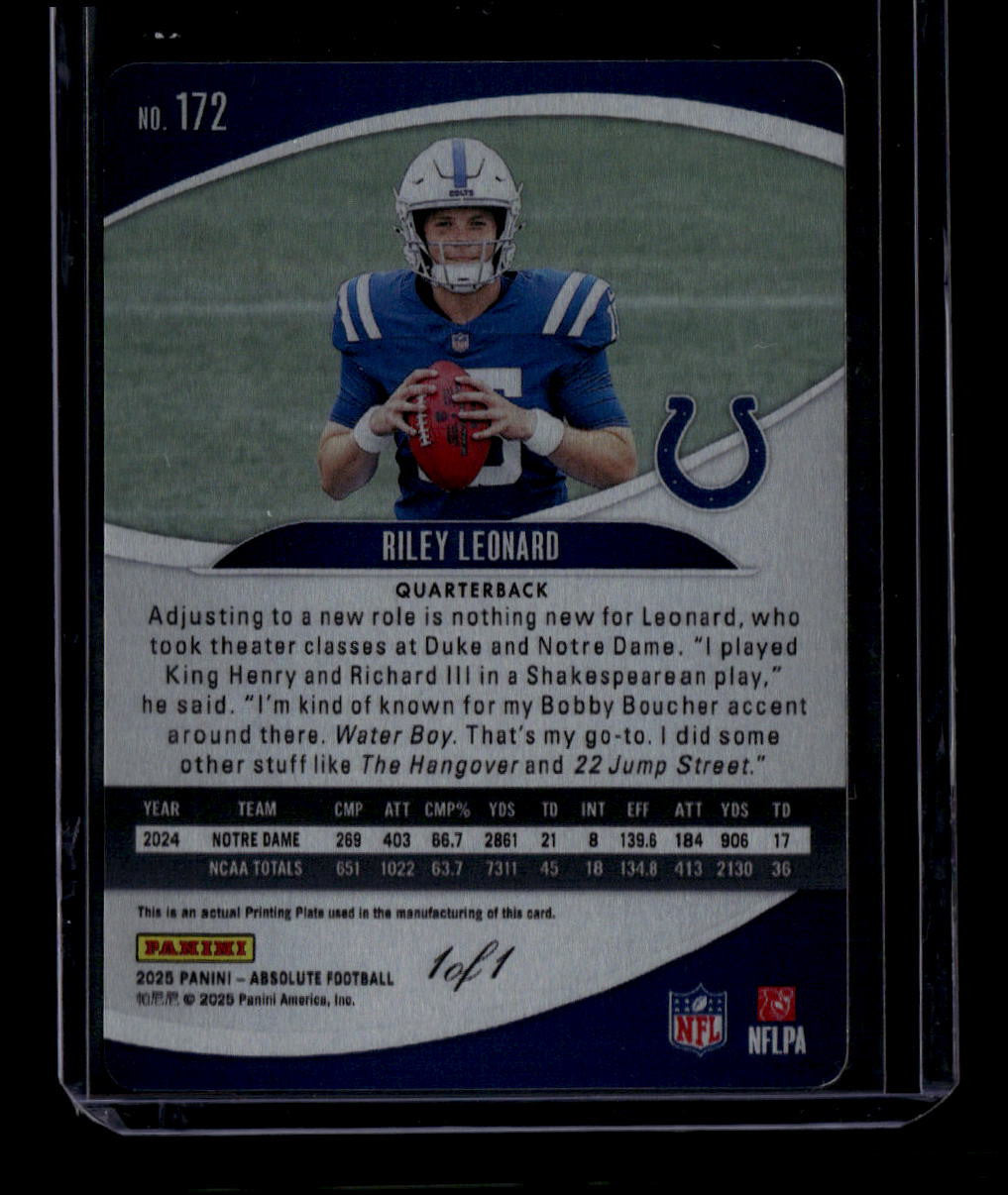 DELETE 181052 2025 Absolute Printing Plates Yellow 172 Riley Leonard Rookie 1/1