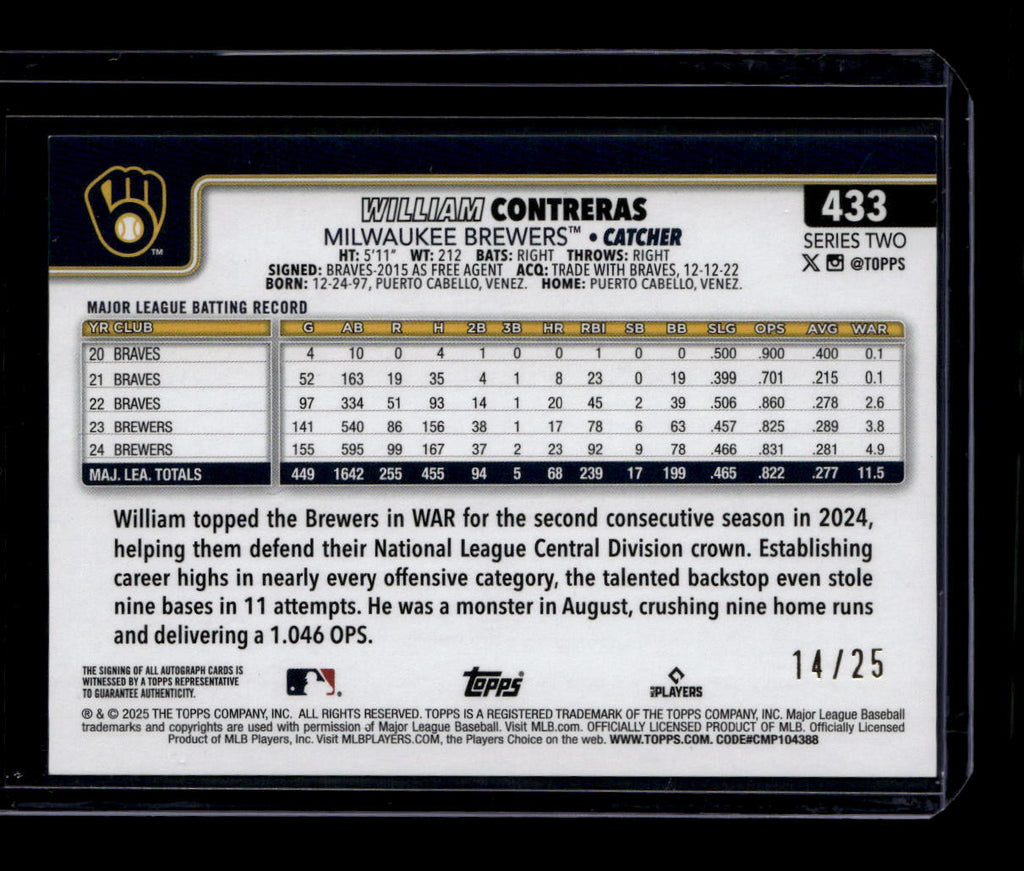 DELETE 181076 2025 Topps Update Real One Autographs Orange Foil 433 William Contreras Auto /25
