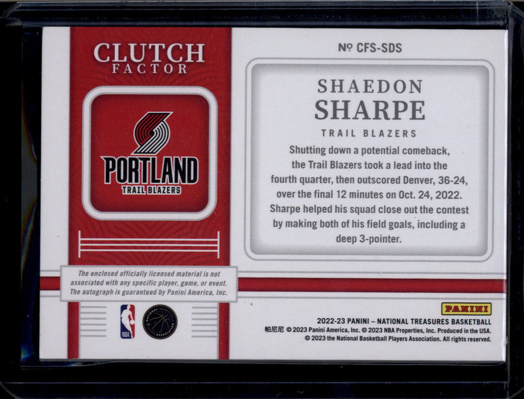 DELETE 181090 2022-23 National Treasures Clutch Factor 45 Shaedon Sharpe RC Jersey Auto 22/49