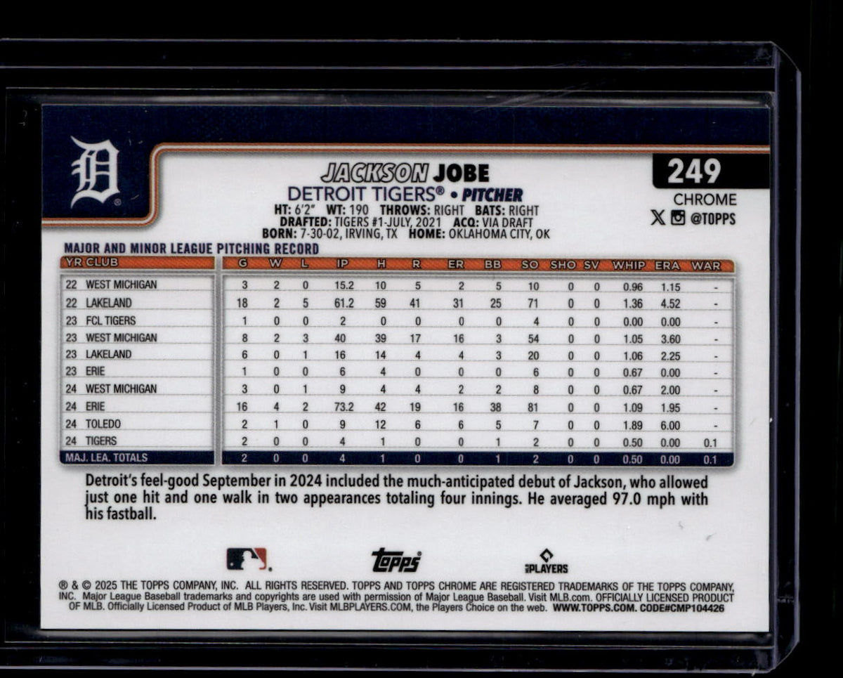 DELETE 181101 2025 Topps Chrome Sapphire Orange Refractor 249 Jackson Jobe Rookie 6/25