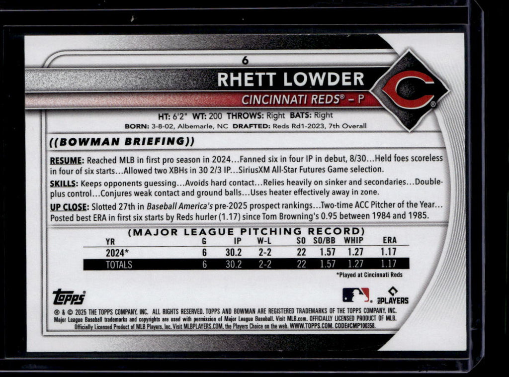 DELETE 181102 2025 Bowman Red 6 Rhett Lowder Rookie 1/5