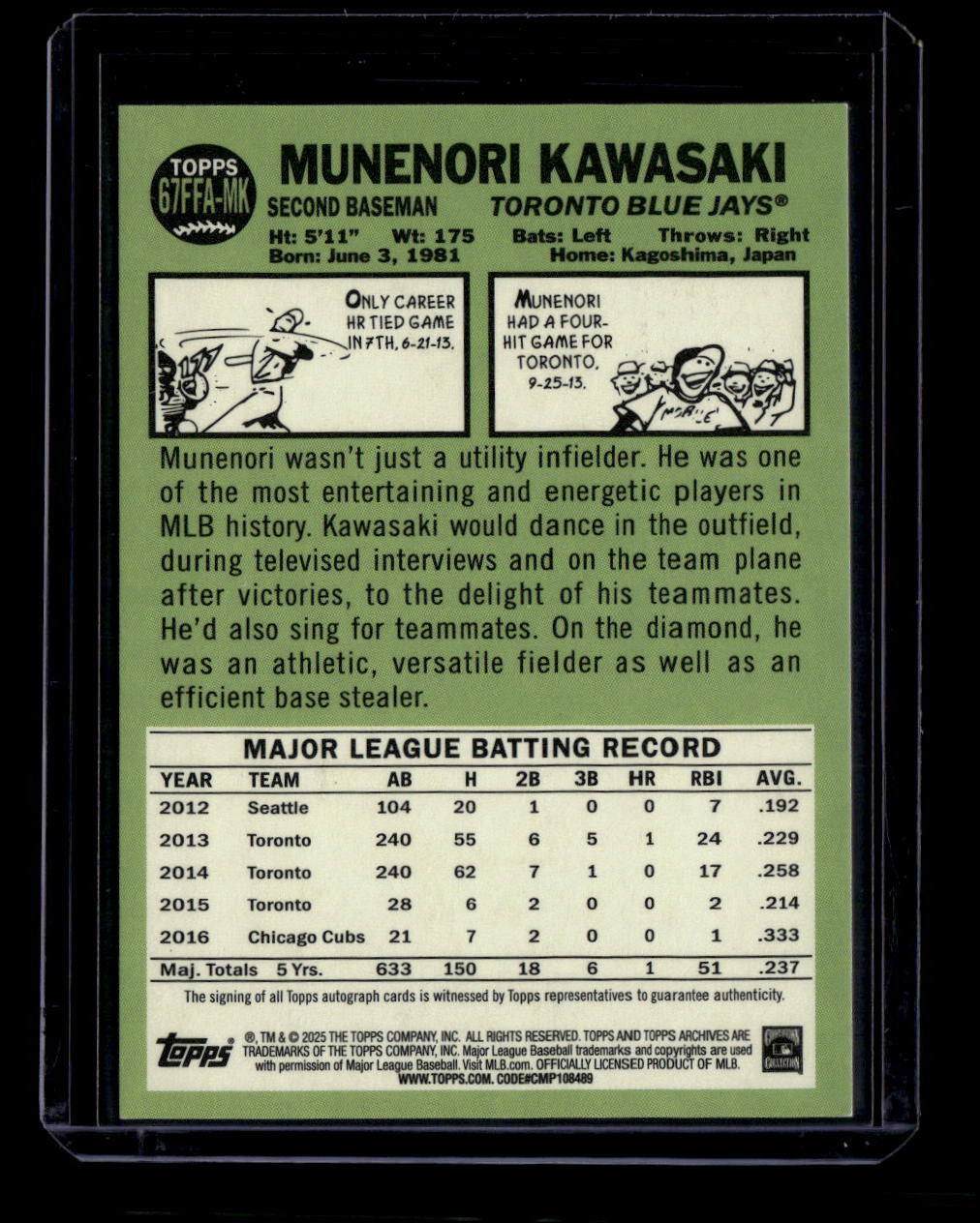 DELETE 181107 2025 Topps Archives 67 Fan Favorites Autographs Green Munenori Kawasaki Auto /99