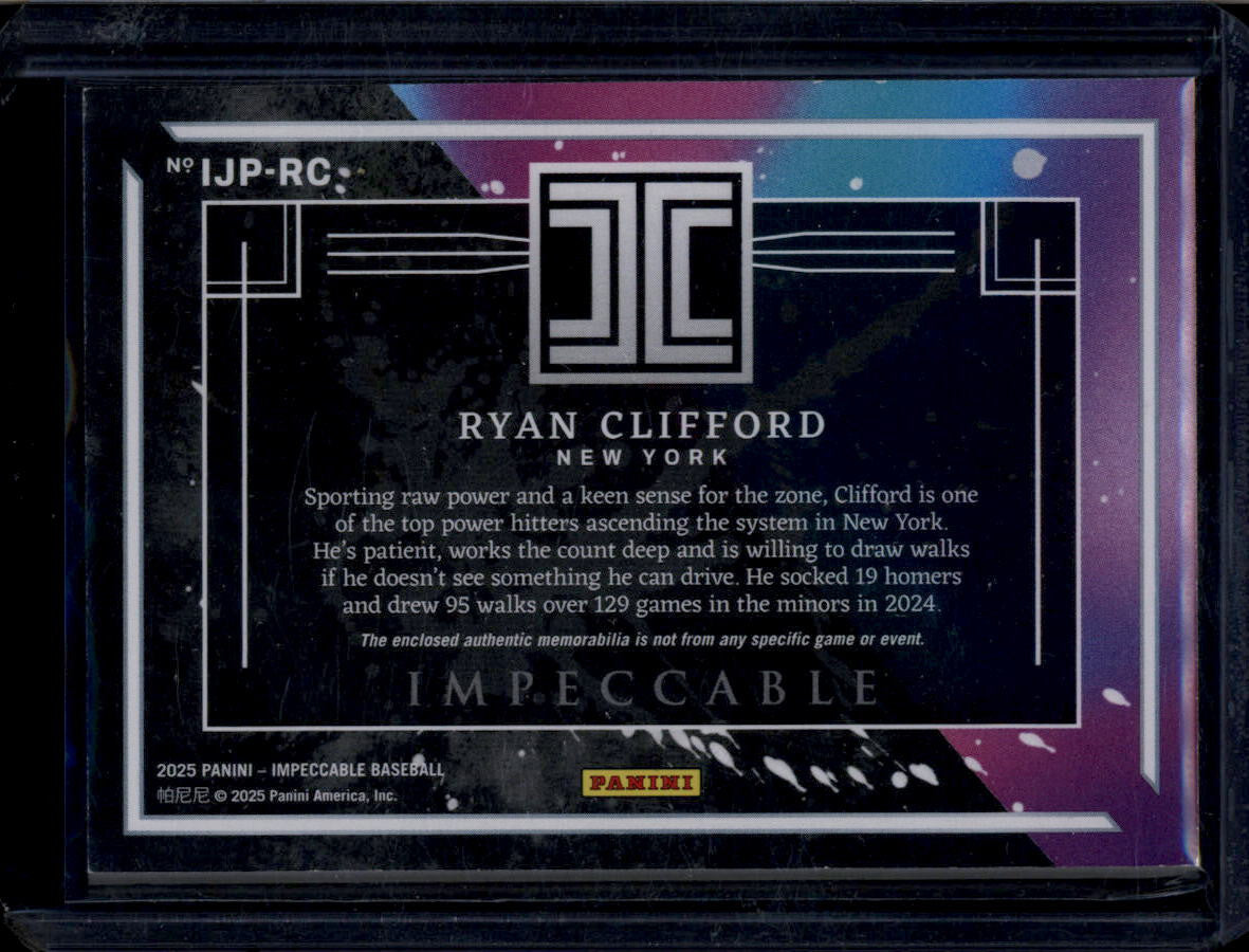 DELETE 181117 2025 Panini Impeccable Patches 23 Ryan Clifford RC Jumbo Batting Glove Patch 5/5