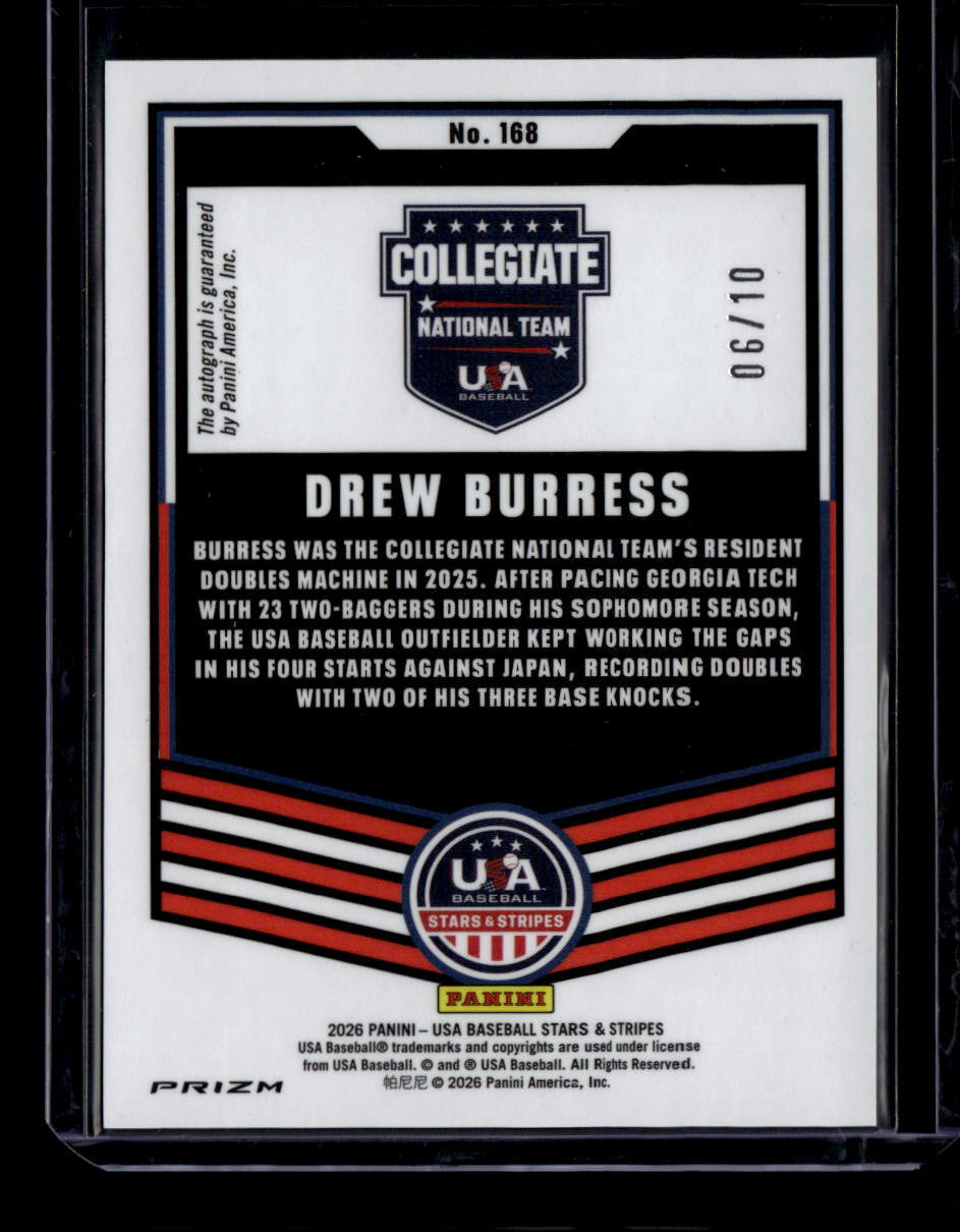 DELETE 181122 2026 USA Stars and Stripes Prizm Signatures Gold 168 Drew Burress RC Auto 6/10