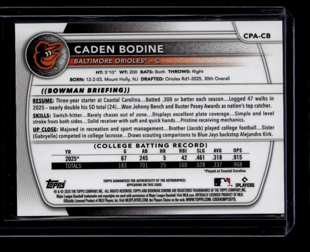 DELETE 181123 2025 Bowman Chrome Draft Autographs Choice Refractor Caden Bodine RC Auto 89/150