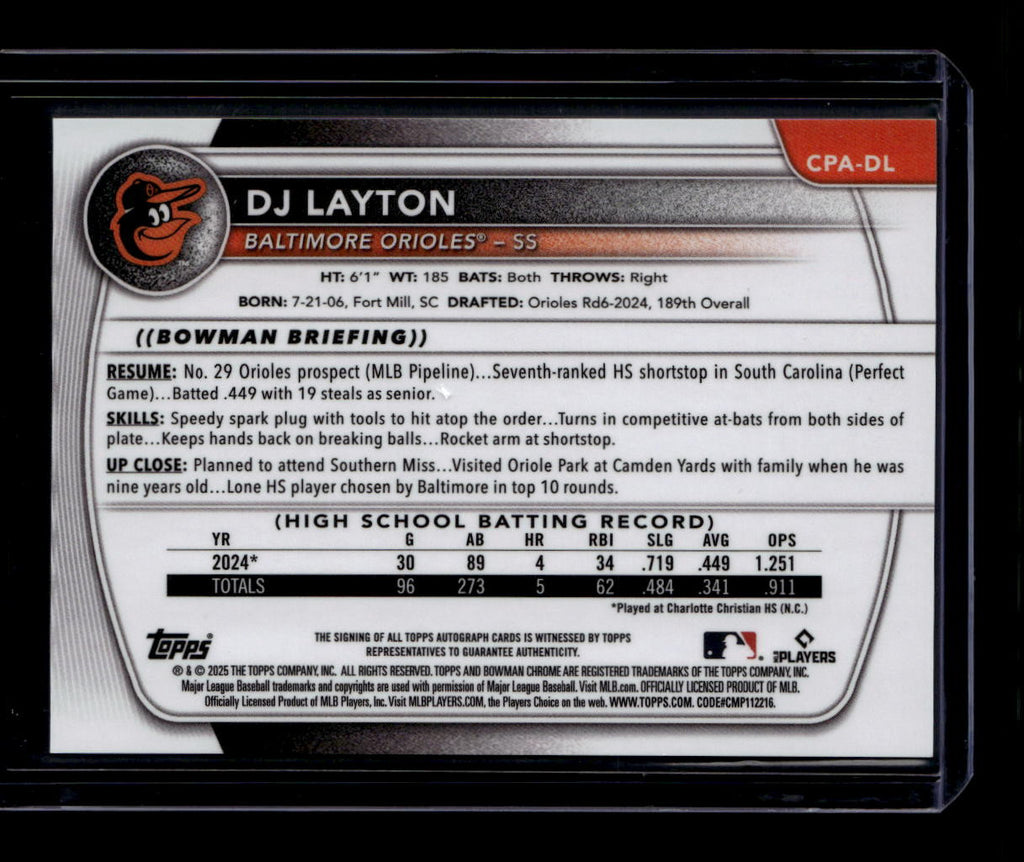 DELETE 181127 2025 Bowman Chrome Prospect Autographs Gold Refractor DJ Layton RC Auto 20/50