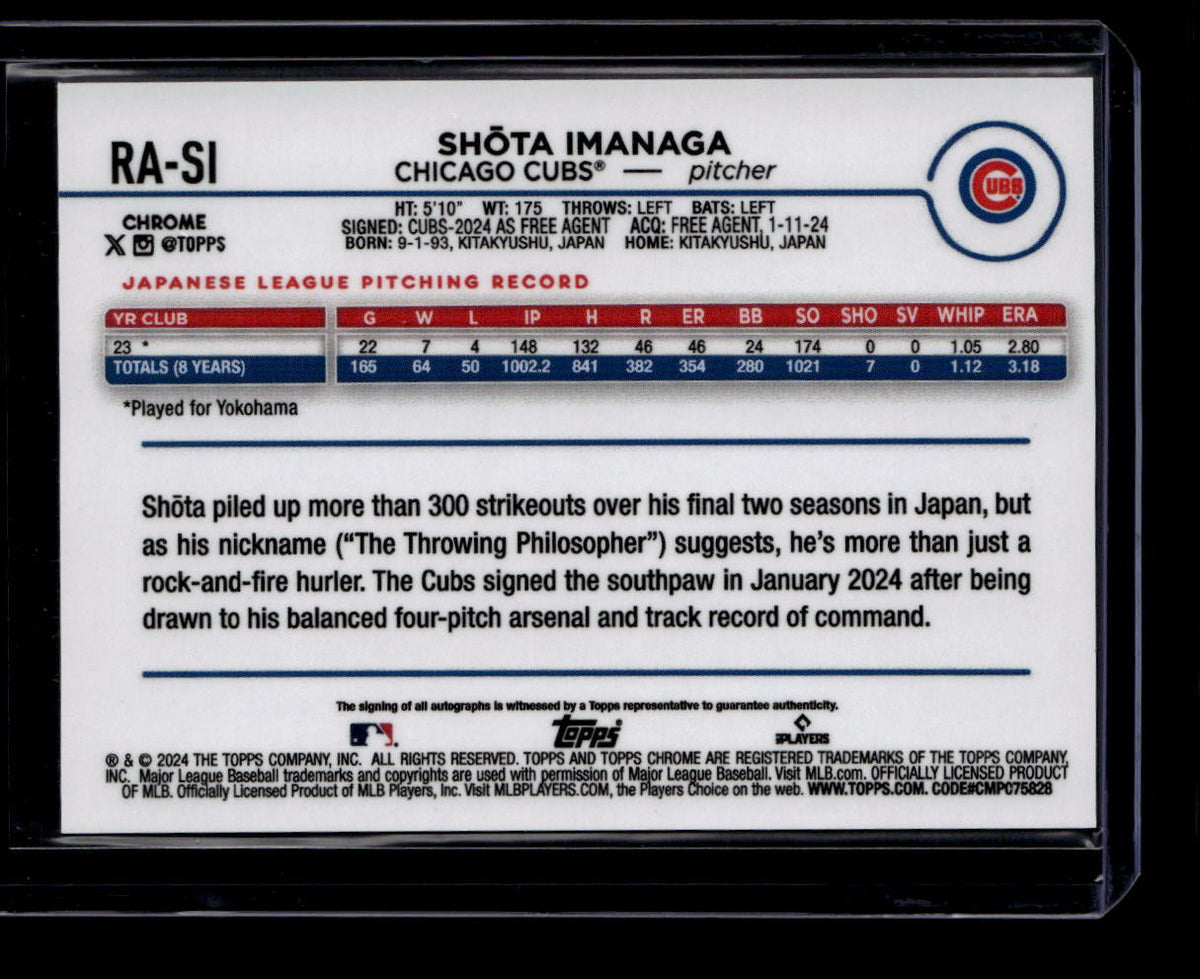 DELETE 181128 2024 Topps Chrome Rookie Autographs Purple Refractor Shota Imanaga RC Auto /250