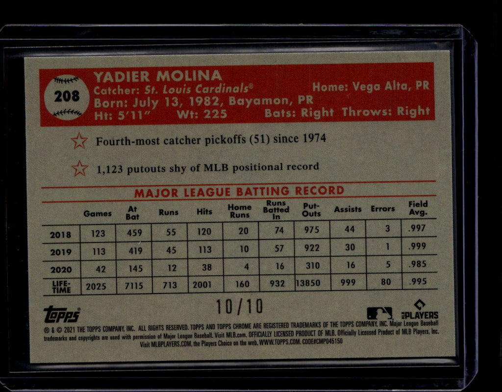 DELETE 181135 2021 Topps Chrome Platinum Black and Gold 70th Refractor 208 Yadier Molina 10/10