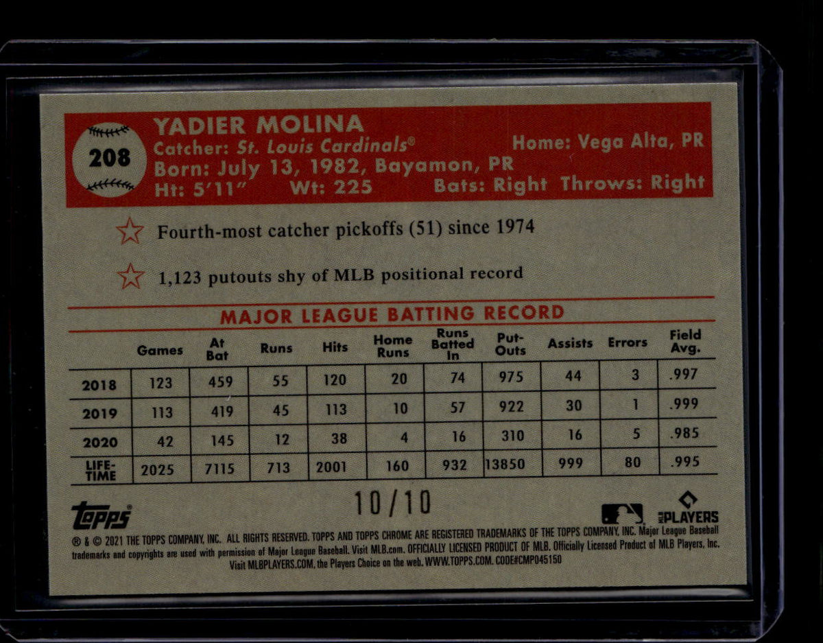 DELETE 181135 2021 Topps Chrome Platinum Black and Gold 70th Refractor 208 Yadier Molina 10/10