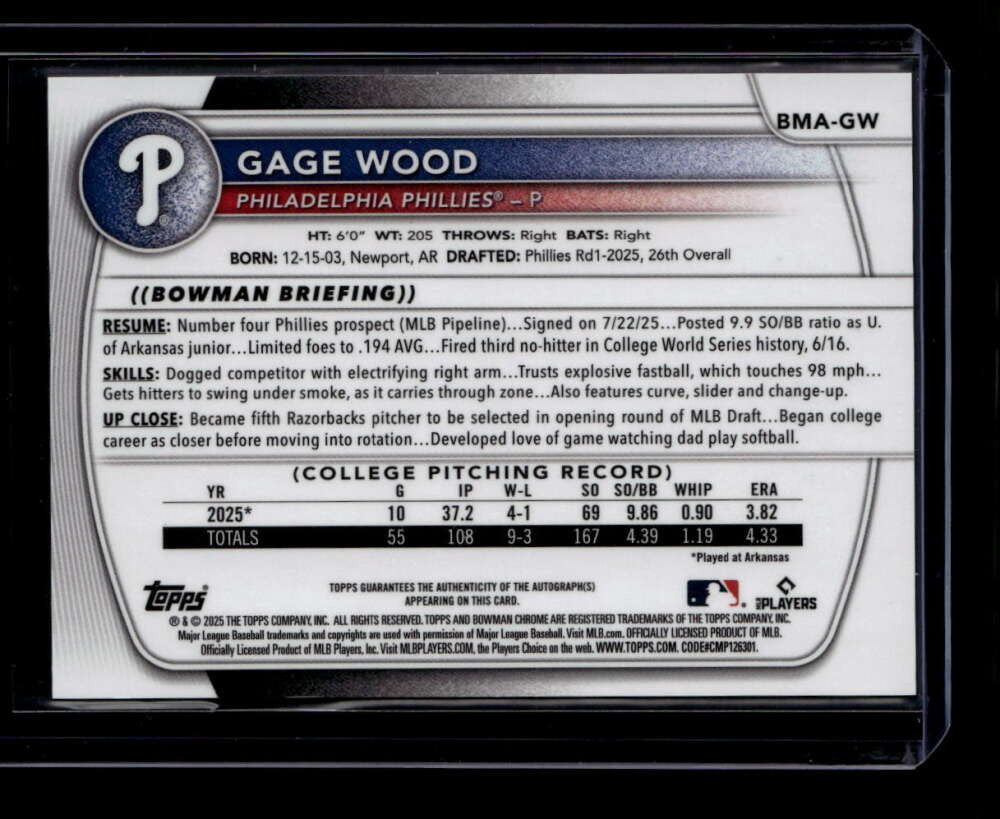 DELETE 181159 2025 Bowman Chrome Draft Mega Autographs Blue Refractor Gage Wood RC Auto 4/150