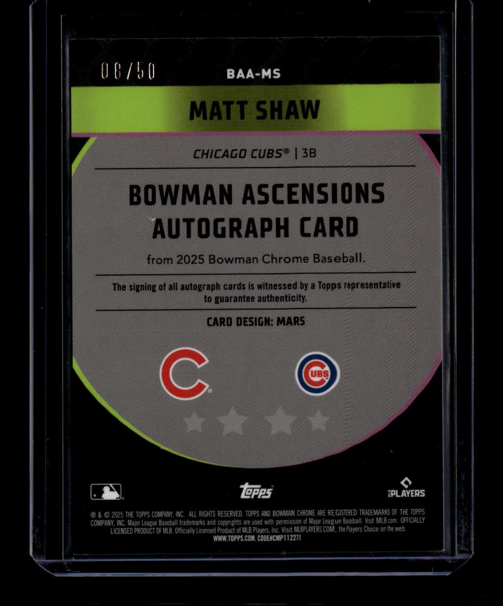 DELETE 181160 2025 Bowman Chrome Bowman Ascensions Autographs BAAMS Matt Shaw RC Auto 8/50