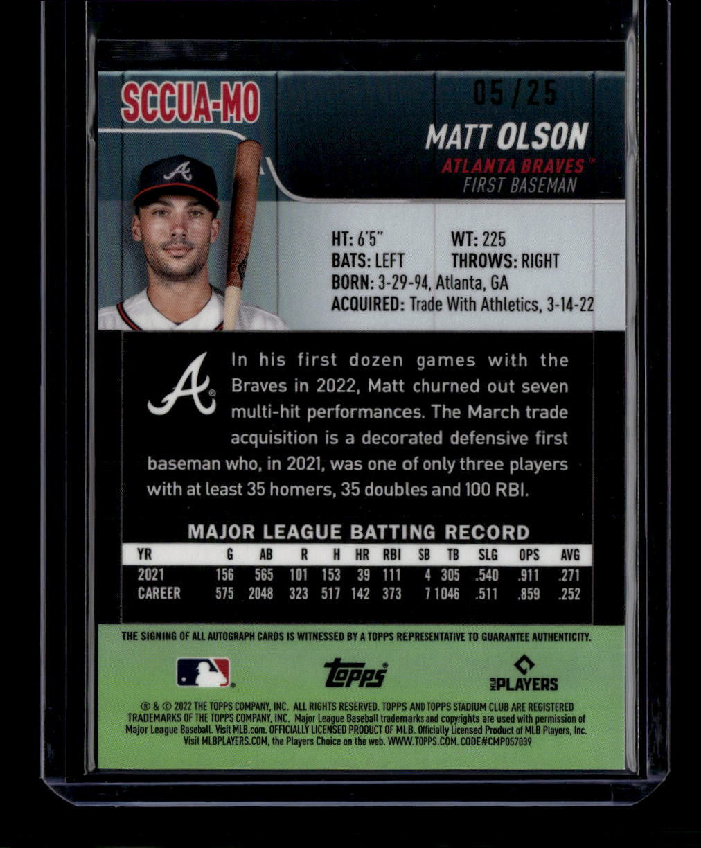 DELETE 181181 2022 Stadium Club Chrome Autographs Orange Refractor Matt Olson Auto 5/25