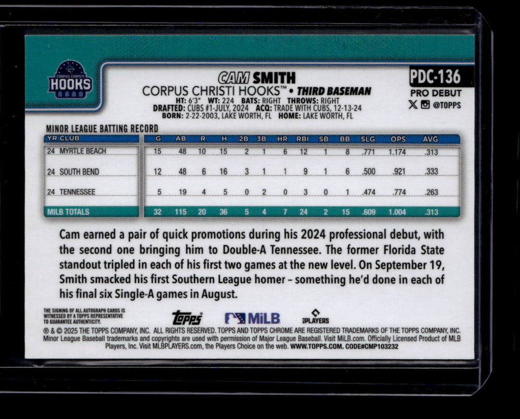 DELETE 181189 2025 Topps Pro Debut Chrome Autographs Gold Refractor Cam Smith RC Auto 50/50