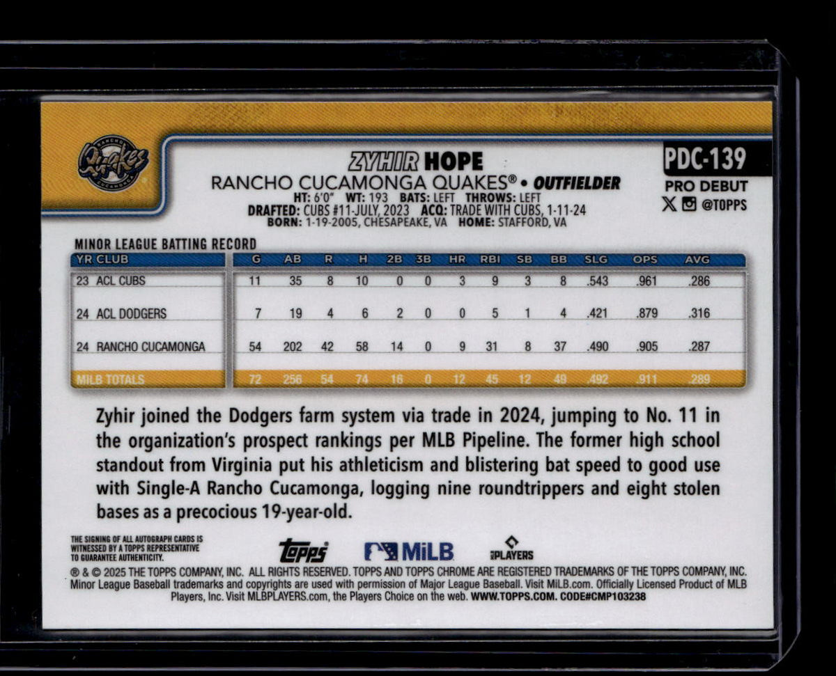 DELETE 181190 2025 Topps Pro Debut Chrome Autographs Orange Refractor Zyhir Hope RC Auto 11/25