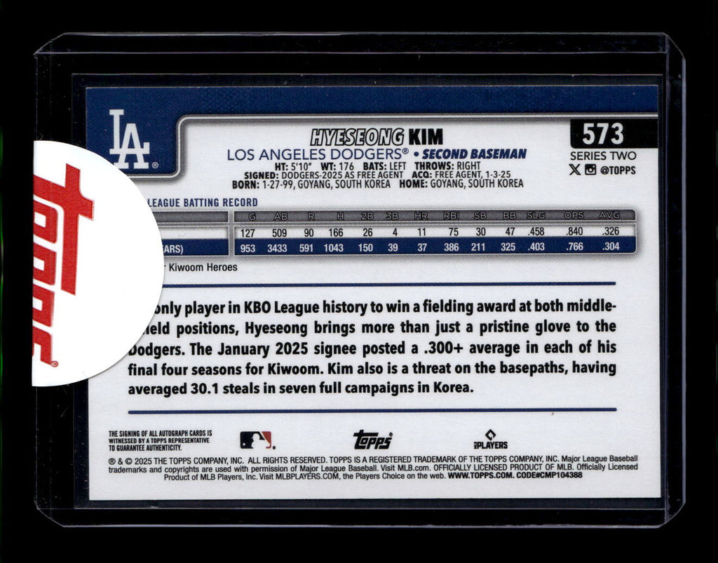 DELETE 181192 2025 Topps Flagship Real One Autographs 573 Hyeseong Kim Rookie Auto