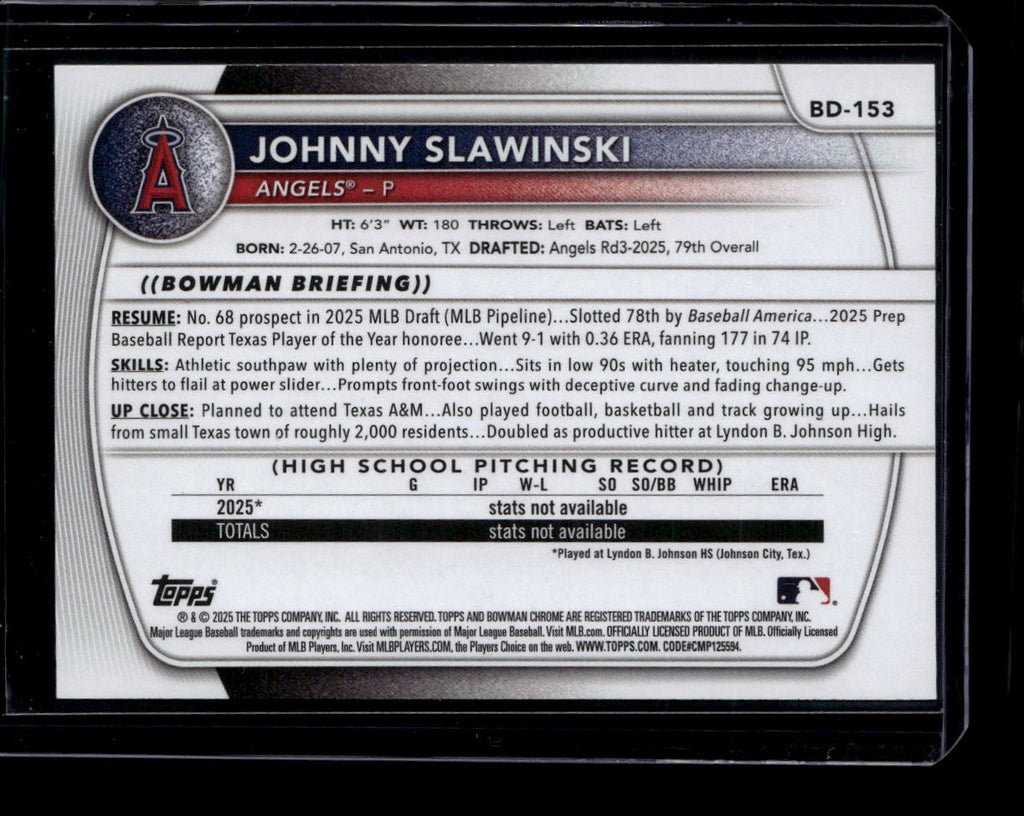 DELETE 181220 2025 Bowman Draft Red bd153 Johnny Slawinski Rookie 3/5