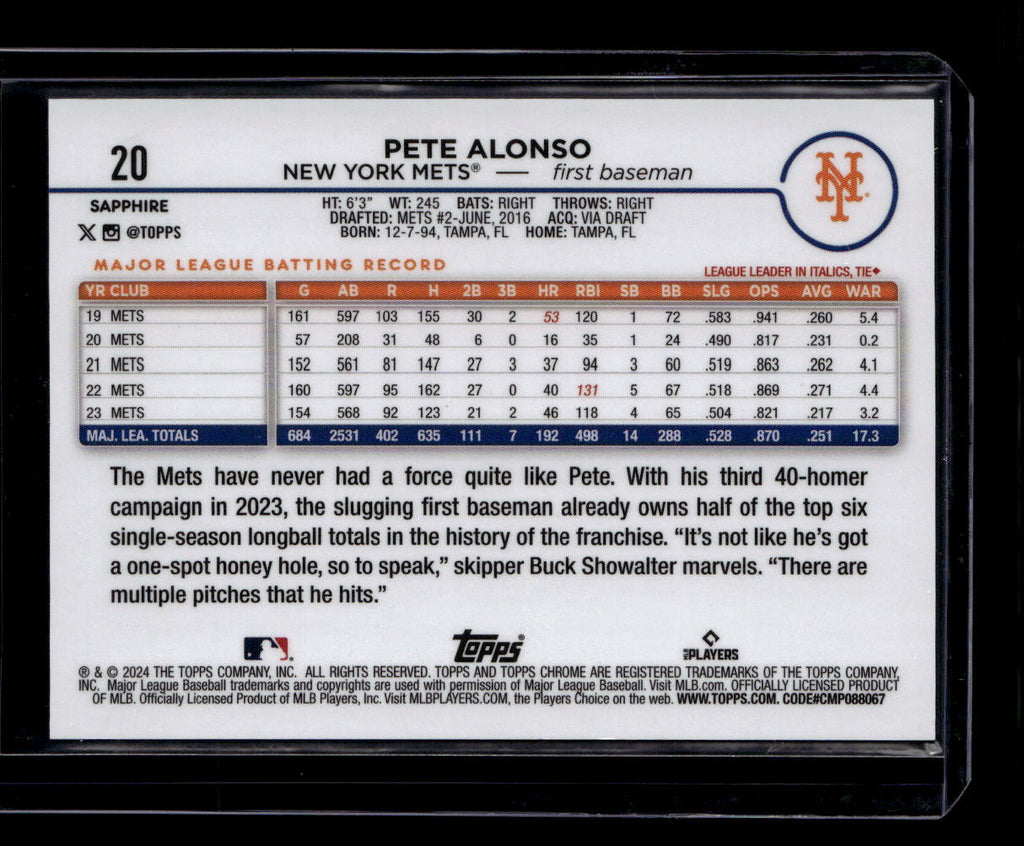 DELETE 181222 2024 Topps Chrome Sapphire Red Refractor 20 Pete Alonso 1/5