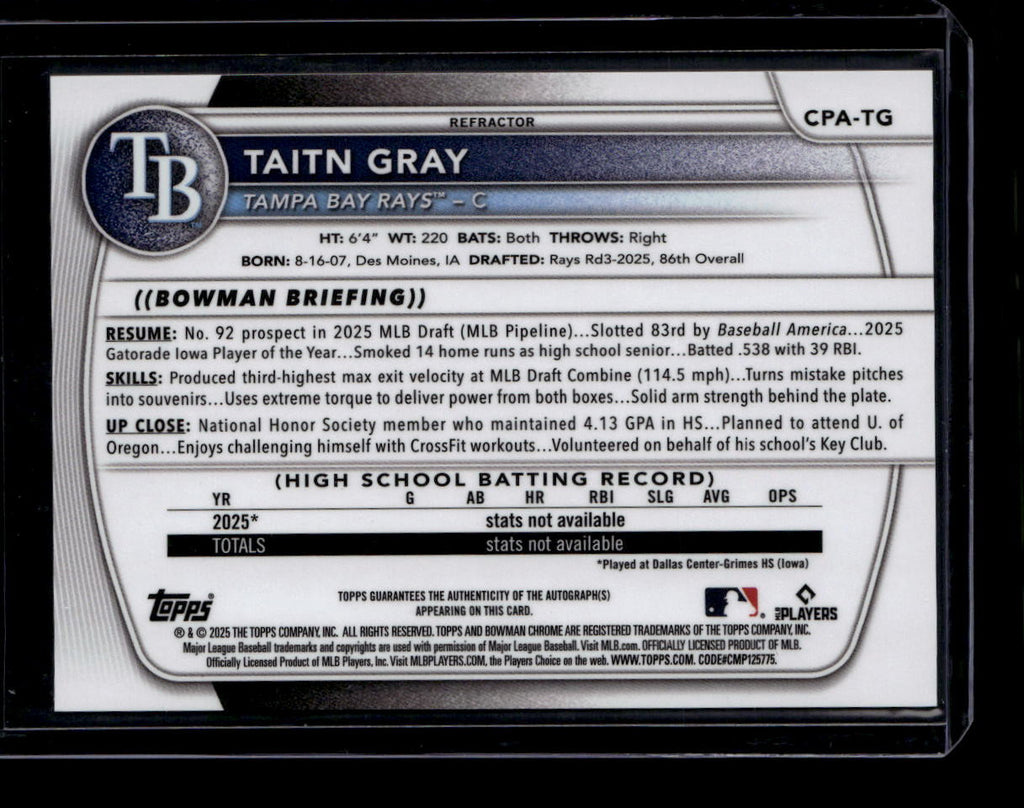 DELETE 181226 2025 Bowman Chrome Draft Autographs Refractor CPATG Taitn Gray RC Auto 288/499