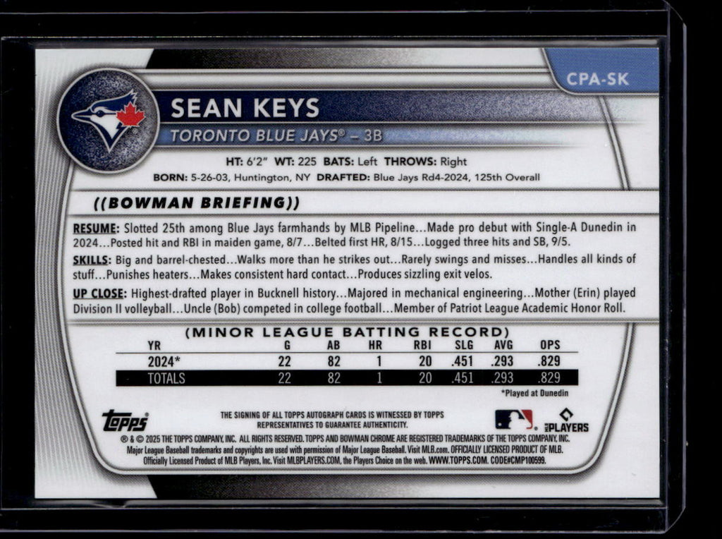 DELETE 181228 2025 Bowman Chrome Autographs Mini-Diamond Refractor Sean Keys RC Auto 29/100