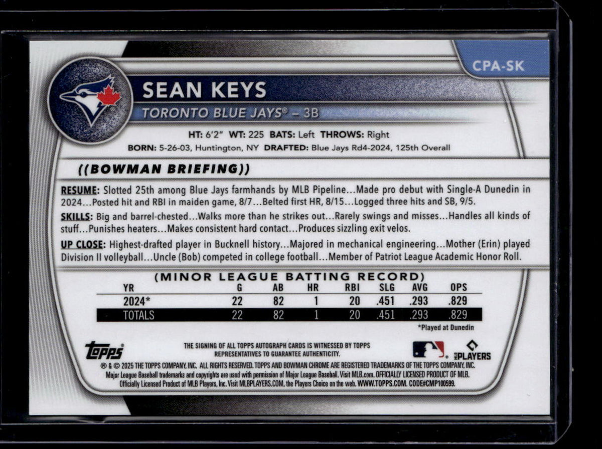 DELETE 181228 2025 Bowman Chrome Autographs Mini-Diamond Refractor Sean Keys RC Auto 29/100
