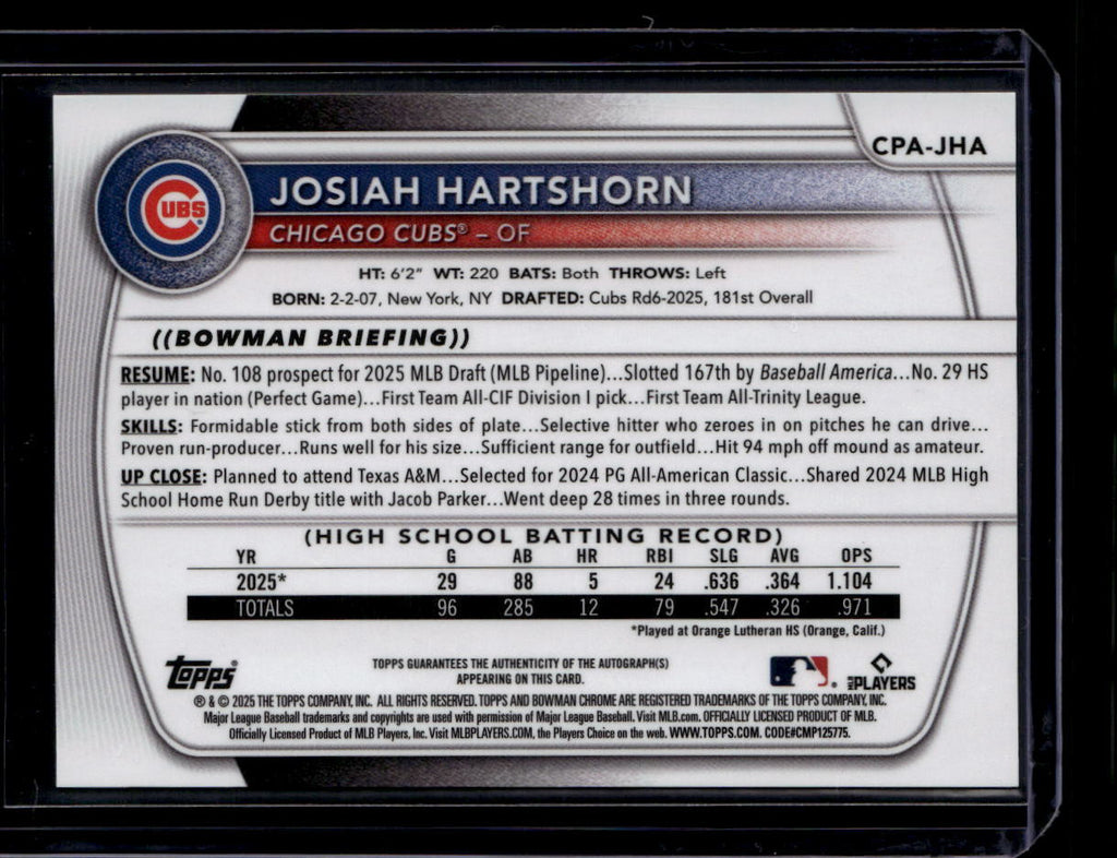 DELETE 181431 2025 Bowman Chrome Draft Autographs CPAJHA Josiah Hartshorn RC Auto 160121