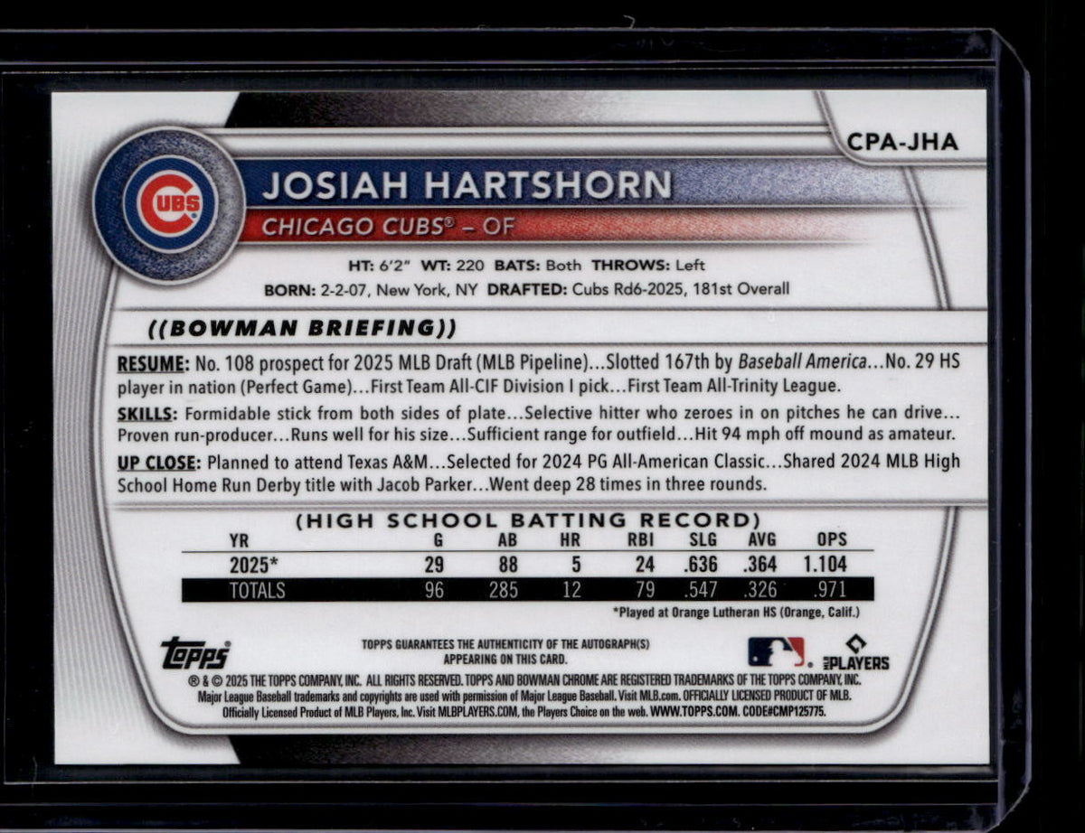 DELETE 181431 2025 Bowman Chrome Draft Autographs CPAJHA Josiah Hartshorn RC Auto 160121