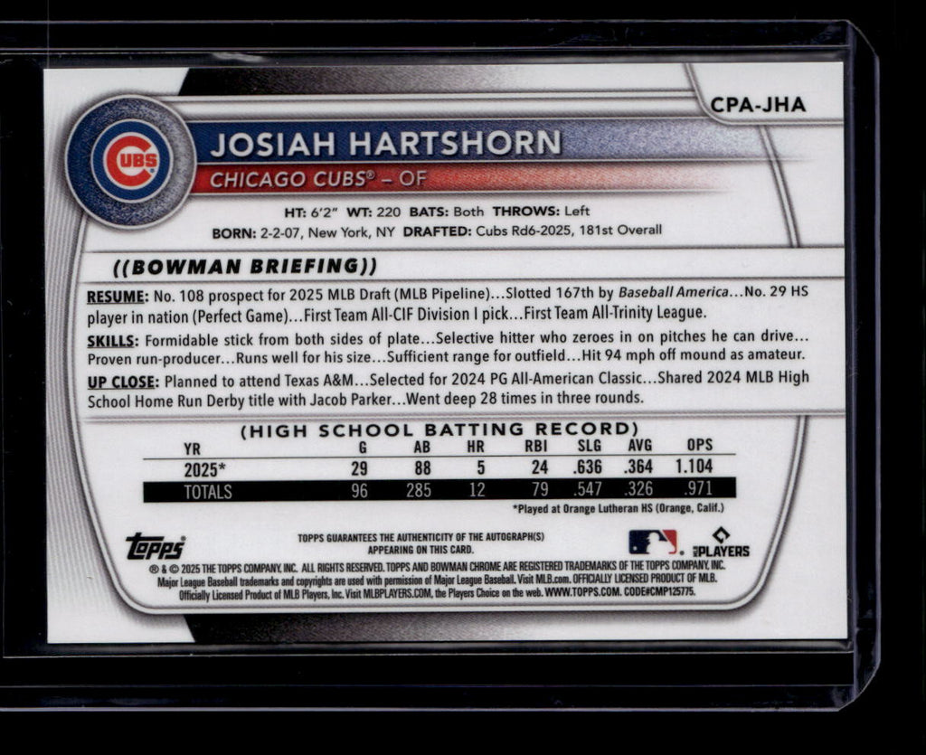 DELETE 181432 2025 Bowman Chrome Draft Autographs CPAJHA Josiah Hartshorn RC Auto 160122