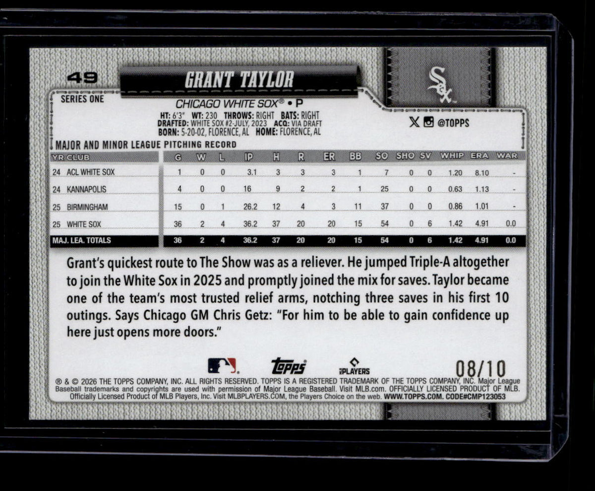 DELETE 181504 2026 Topps Black Sandglitter 49 Grant Taylor Rookie 8/10
