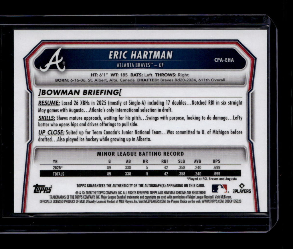 DELETE 181619 2026 Bowman Chrome Prospect Autographs CPAEHA Eric Hartman Rookie Auto