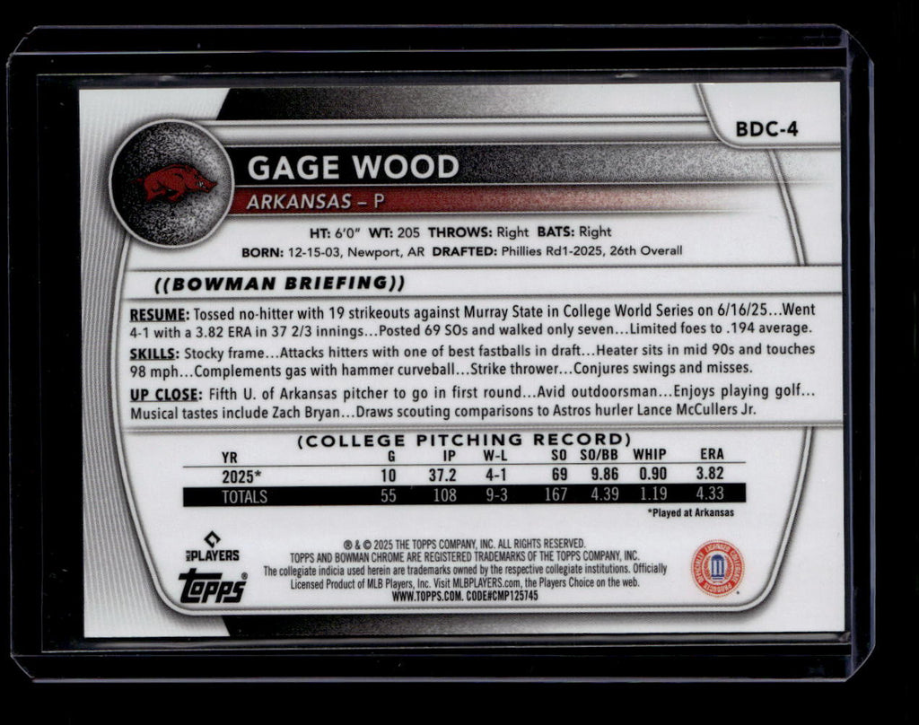 DELETE 181676 2025 Bowman Chrome Draft College Variation Gold Refractor bdc4 Gage Wood RC /50
