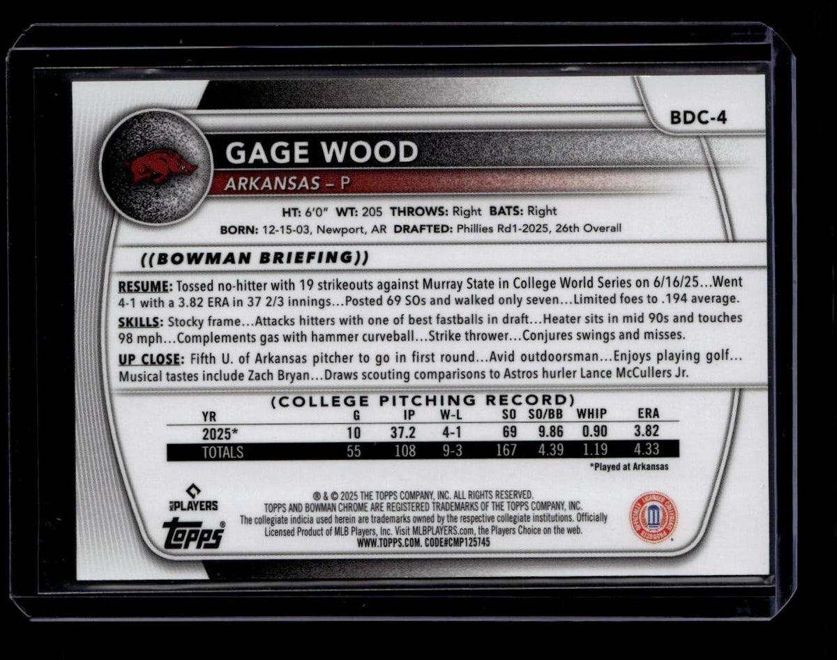 DELETE 181676 2025 Bowman Chrome Draft College Variation Gold Refractor bdc4 Gage Wood RC /50