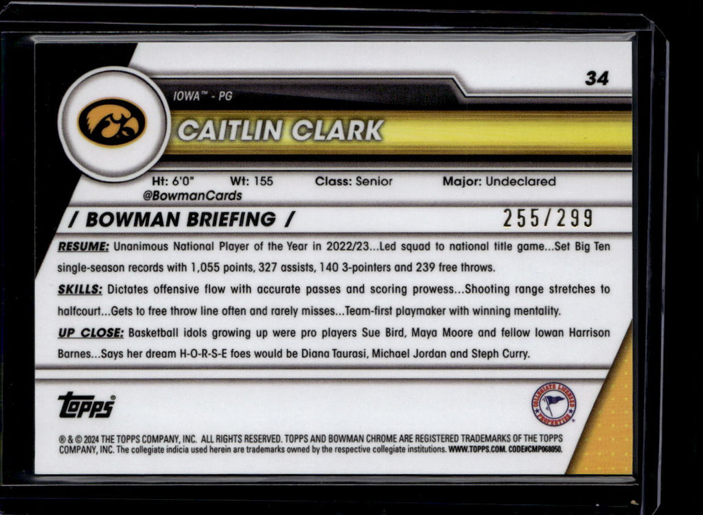 2023-24 Bowman Chrome University Aqua Wave Refractor 34 Caitlin Clark RC 255/299