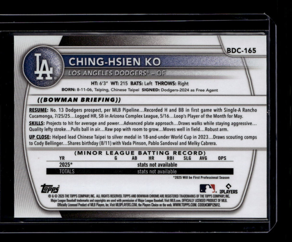 2025 Bowman Chrome Draft Sapphire Black Refractor bdc165 Ching-Hsien Ko RC 7/10