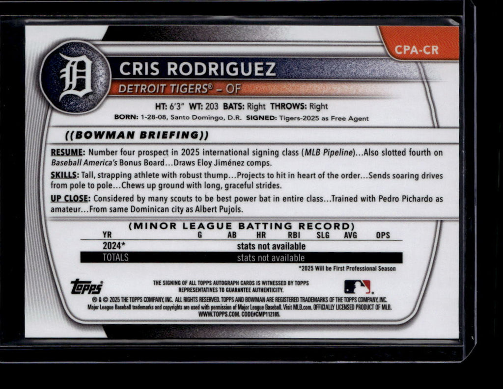 2025 Bowman Chrome Autographs Blue Raywave Refractor Cris Rodriguez RC Auto /150