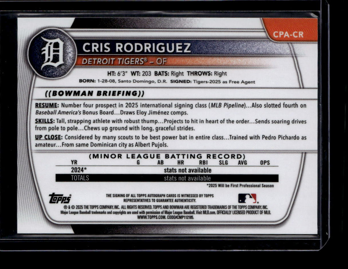 2025 Bowman Chrome Autographs Blue Raywave Refractor Cris Rodriguez RC Auto /150