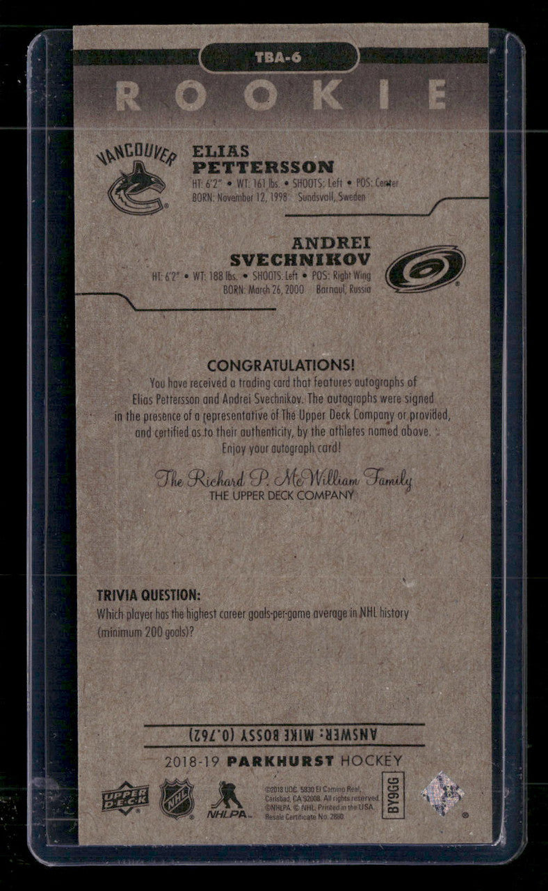 2018-19 Parkhurst Tallboys Achievement Autographs Pettersson Svechnikov RC Auto