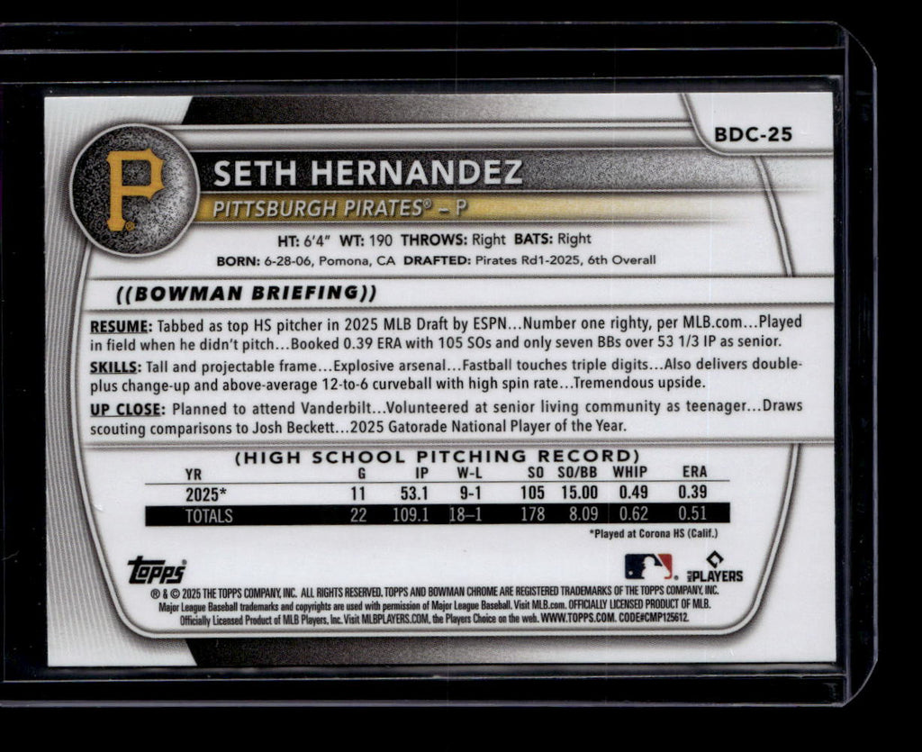 2025 Bowman Chrome Draft Steel Metal Refractor bdc25 Seth Hernandez RC 12/100