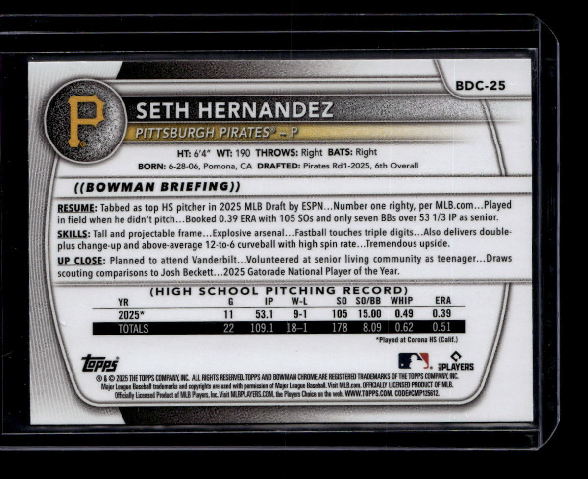 2025 Bowman Chrome Draft Steel Metal Refractor bdc25 Seth Hernandez RC 12/100