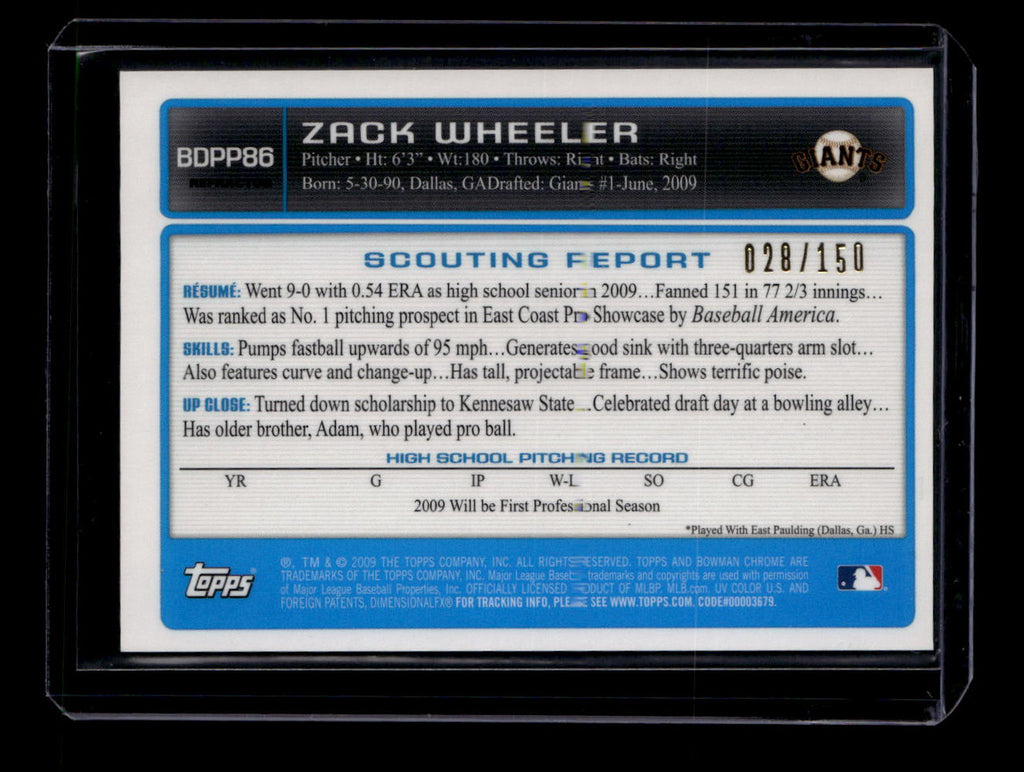 2009 Bowman Chrome Draft Prospects Blue Refractor Zack Wheeler RC Auto 28/150