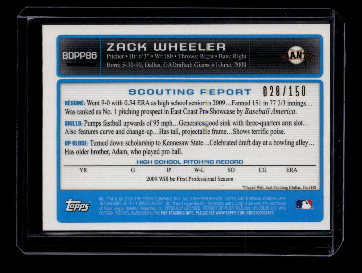 2009 Bowman Chrome Draft Prospects Blue Refractor Zack Wheeler RC Auto 28/150